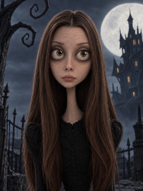 Create me into a tim burton character

Доп. характеристики: Не меняй внешность 100% , Рост 180 Вес 79