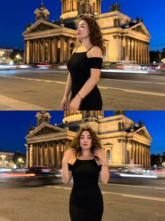 Ультрареалистиное цветное фото снятое на Iphone 17 pro. вертикальный коллаж из двух сильно смазанных motion blur ночных кадров, разделённых горизонтальной линией пополам. Любительское фото на смартфон. На обоих кадрах человек стоит на проезжей части напротив крупного классического собора с колоннами, съёмка с уровня груди, лёгкий нижний ракурс, фон архитектура освещена тёплыми уличными прожекторами, небо глубокое синее, синие и жёлтые огни города, размытые следы машин и фар.

Верхний кадр: композиция по пояс, корпус в лёгком развороте вправо, плечо ближе к камере, лицо в полу-профиль, подбородок немного приподнят, взгляд направлен чуть в сторону. Руки вдоль тела, одна рука частично вне кадра. Волосы чуть растрёпаны ветром, пряди обрамляют лицо. Макияж вечерний: ровный тон кожи, мягкий  контуринг, тени на веках, подчёркнутые стрелки, длинные ресницы, аккуратные брови, губы с сатиновым финишем. 

Нижний кадр: кадр по бёдра, фронтальный ракурс, корпус прямо к камере, осанка ровная. Обе руки подняты до уровня груди, в движении — размытые кисти у прядей волос, создавая сильный motion blur. Волосы теми же мягкими волнами, частично закрывают одну сторону лица. Макияж аналогичный верхнему кадру. На запястье заметны часы или браслет. Освещение: смешанное — тёплый свет фонарей и фасадной подсветки на коже и платье, лёгкий холодный оттенок синего неба, мягкие тени, яркие блики на волосах и архитектуре. Лёгкая цифровая шумность, без заметных фильтров, естественная цветопередача.

Какая будет одежда?: Платье чёрное, облегающее, длина миди, тонкие бретели, открытые плечи, приталенный силуэт.