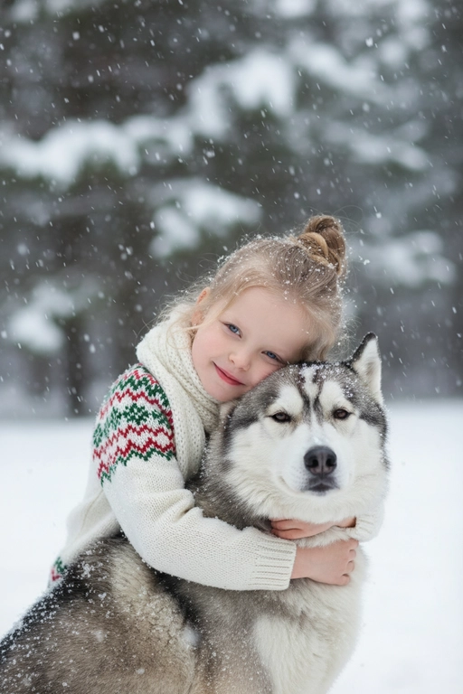 Соответствие лица: сохраняйте точные черты лица, структуру костей, разрез глаз, форму губ, текстуру кожи и оттенок по загруженной фотографии, максимально соответствует индивидуальности] -> Человек с мягкой улыбкой, полузакрытыми от счастья глазами -> нежно обнимает собаку, щека прижата к пушистой шее собаки, обе руки обвиты вокруг груди и шеи собаки, снежинки тают на шерсти и волосах., нежное, любящее выражение лица -> в кремово-белом толстом свитере скандинавской вязки с традиционным красно-зеленым рождественским рисунком на рукавах и воротнике,  в белом вязаном шарфе, свободно повязанном на шее -> на улице в сильный снегопад. В кадре видно морду собаки. Собака породы сибирский хаски.