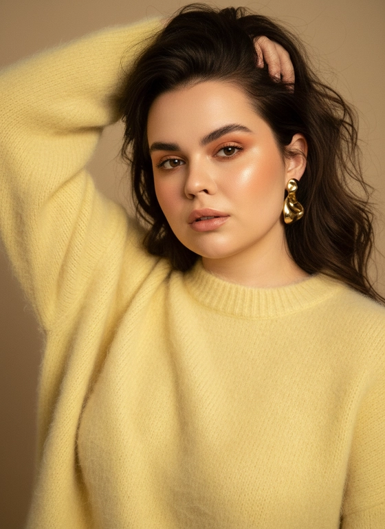 Создай портрет, не меняя черты лица . Портрет молодой женщины в мягком светло-желтом мохеровом свитере. Она позирует с поднятой рукой, пальцы изящно касаются волос. У нее темные волосы, волнистые и длинные ,   и безупречный макияж с акцентом на свежую кожу и персиковые румяна. В ухе крупная золотого цвета серьга крупной формы. Теплое, мягкое студийное освещение, создающее уютную атмосферу. Высокая детализация текстуры ткани и кожи, кинематографичный стиль, минималистичный бежевый фон.
Стиль: Editorial fashion photography, soft focus, warm tones.
Одежда: pale yellow fuzzy mohair sweater, oversized knitwear.
Свет: soft natural lighting, warm sunlight.