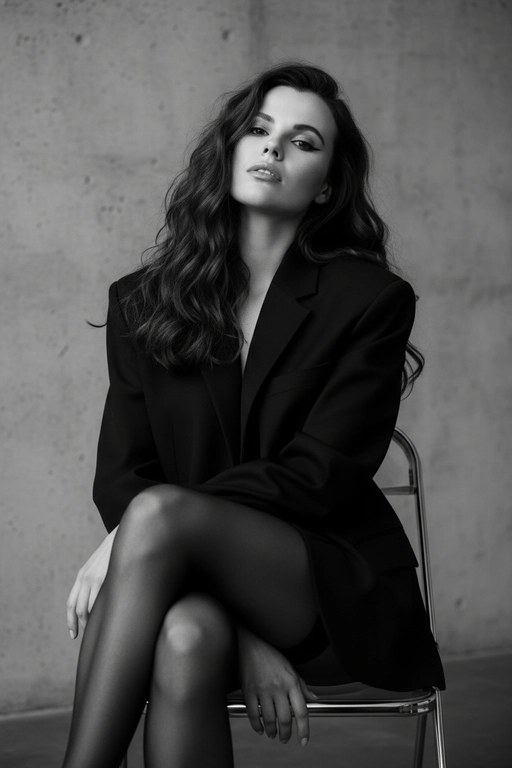Портрет женщины, расслабленно сидящей на металлическом стуле со скрещенными ногами, голова наклонена в сторону и опирается на руку, средний план, перспектива на уровне глаз, естественный макияж со стрелками на глазах, с мягким контурингом и естественными губами, в объемном белом блейзере со структурированными плечами и капроновых колготках с узорами в виде красивых надписей , на фоне фактурной стены, драматическое кинематографическое освещение, боковое освещение справа, резкие контрастные тени, таинственная и напряженная атмосфера, съемка портретным объективом 85 мм, малая глубина резкости, высокохудожественная редакционная фотография, фотореалистичный, высокая детализация, монохромная цветовая палитра. Волосы легкими волнами длинные темные пиджак черного цвета колготки черного цвета без рисунка