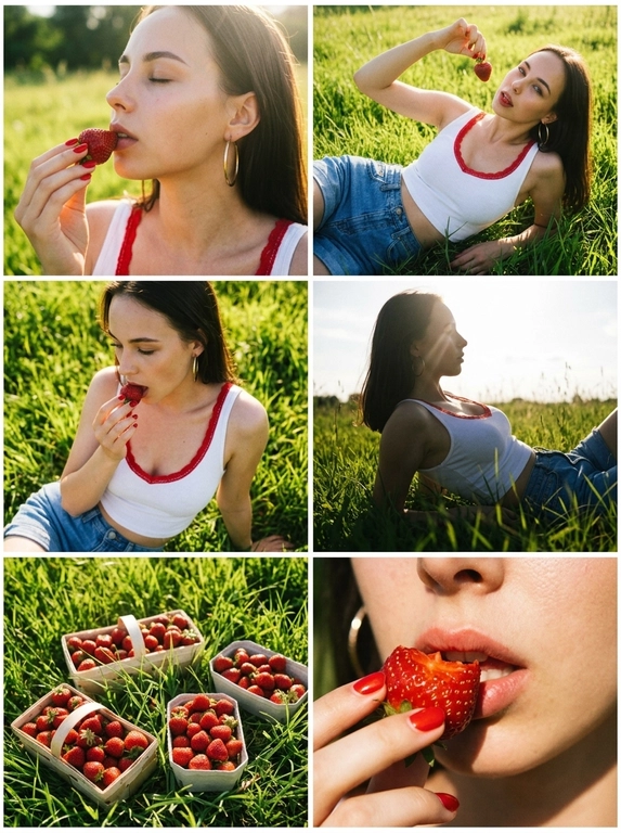 Коллаж из 6 фото в стиле Pinterest, 2 колонки × 3 ряда. На всех кадрах одна модель лежит на ярко-зеленой траве в солнечный летний день. Эстетика старой цифровой камеры или пленки начала 2000-х: мягкая зернистость, теплые блики, винтажный контраст и natural candid mood.
Модель с крупными серьгами-кольцами и красным маникюром. На ней белый укороченный топ с глубоким вырезом и красным кружевом, свободные джинсовые шорты Levi’s.
Сцены коллажа:
1. Крупный профиль с клубникой у губ.
2. Девушка лежит на траве с клубникой в руке.
3. Средний план — смотрит вниз и ест клубнику.
4. Боковой ракурс с акцентом на силуэт.
5. Контейнеры с клубникой на траве.
6. Крупный кадр губ, клубники и руки с красным маникюром.
Насыщенные зеленые и красные оттенки, мягкий свет, dreamy summer editorial aesthetic, realistic retro photo style.