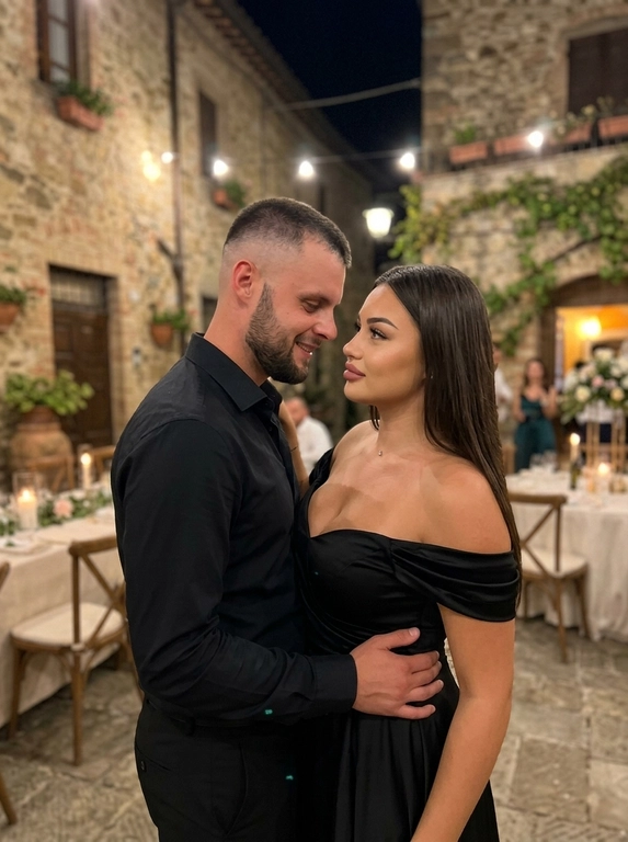 Cinematic realistic photo of a man and a woman slow dancing intimately at night. The man is wearing a black button-up shirt. The woman is wearing an elegant black off-the-shoulder evening dress. They are dancing closely together at an outdoor wedding venue in an old Italian village courtyard. The mood is romantic, tender and intimate. Warm dim lighting comes from distant string lights and candles, creating soft highlights and gentle shadows. In the softly blurred background, wedding tables, decor and a few guests are visible, adding depth and atmosphere without distracting from the couple. Their body language feels natural and emotional, with a deep affectionate look between them. The image should feel like a real candid moment captured from the side by someone nearby, not a staged fashion shoot. Shot on iPhone, ultra-realistic, natural skin texture, realistic fabric details, slight low-light grain, soft background focus, authentic evening atmosphere, high detail.