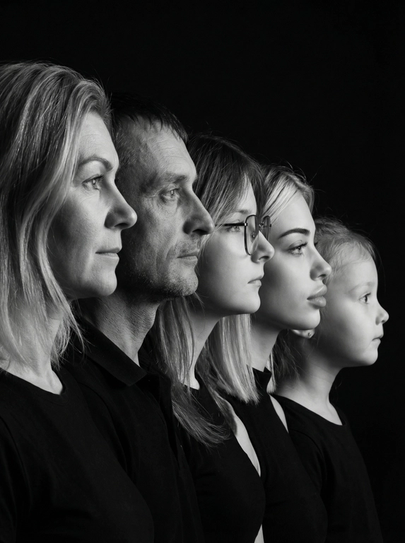 Профессиональный студийный портрет с низким контрастным светом. Головы расположены строго в одну линию. боковой профиль, взгляд влево. У всех видны только головы и немного плечи. Головы занимают весь кадр. Черный фон. Черная одежда у всех. Расположи их по убыванию возраста.