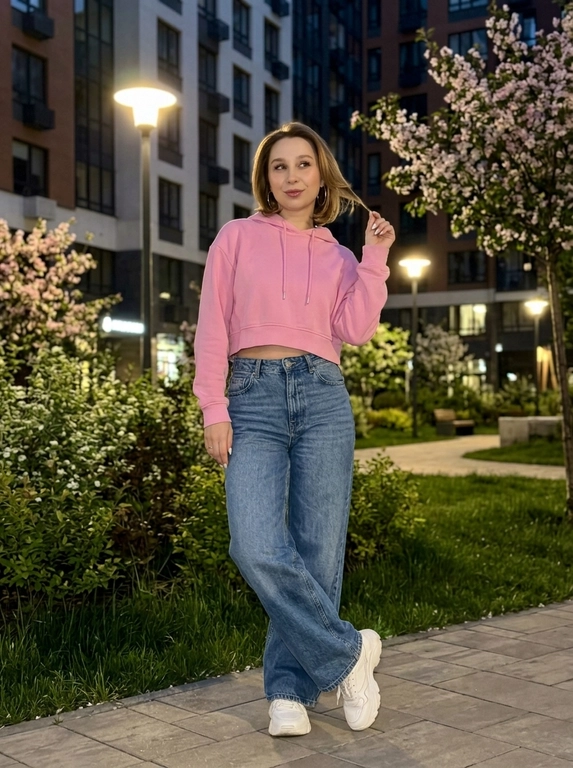 Не меняя внешность. Фото снято ночью на iPhone. Женщина в городском дворе, мягкий тёплый свет фонаря, вокруг зелень, цветущие деревья и современный жилой комплекс.
Она стоит расслабленно, слегка развернувшись в сторону, ноги перекрещены. Одна рука играет с прядью волос. Взгляд — кокетливый, уверенный.
Образ современный и молодёжный: укороченная худи, широкие джинсы с высокой посадкой и массивные кроссовки. Минималистичные украшения — тонкие серьги-кольца.
Макияж аккуратный: ровный сияющий тон, графичные брови, длинные ресницы с «лисий» эффектом, розово-ягодные губы с блеском, лёгкий хайлайтер на скулах. Ногти — молочный миндаль.
Съёмка со вспышкой: лёгкое зерно, мягкая резкость, высокая детализация кожи и ткани, эффект живого кадра.

Цвет худи: Цвет худи розовый