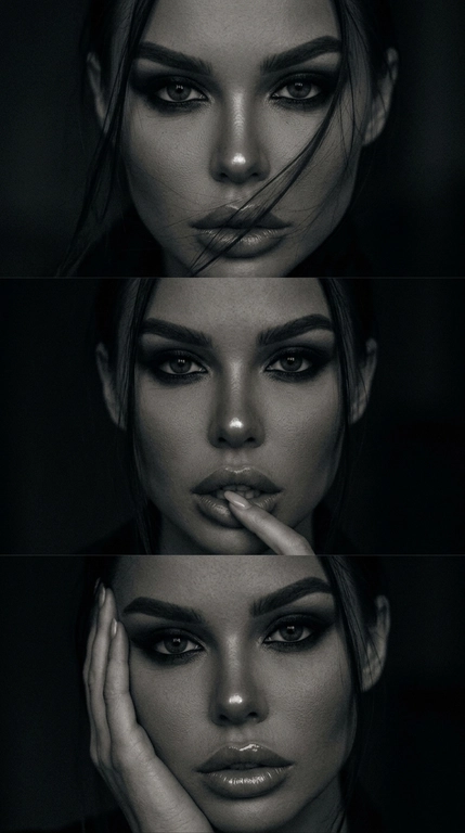 Ultra-realistic dark beauty triptych composed of three tightly cropped cinematic close-up portraits of the same woman, stacked vertically. Extremely intimate framing with the face filling almost the entire image.

TOP FRAME: intense direct gaze into the camera, head slightly lowered, loose strands of hair sweeping diagonally across the face and partially covering the lips and cheek.

MIDDLE FRAME: direct provocative gaze, lips slightly parted, one fingertip resting gently against the lower lip.

BOTTOM FRAME: one hand pressed softly against the side of the face and temple, direct gaze into the camera, glossy lips slightly parted.

MAKEUP: dramatic smoky black eye makeup, softly smudged eyeliner, dense dark lashes, sculpted brows, subtle contour. Wet glossy nude lips precisely outlined with brown lip pencil. CRITICAL: a small concentrated glossy HIGHLIGHT directly on the tip and bridge of the nose, catching the light as a bright reflective point. Subtle sheen on cheekbones and lips.

CRITICAL COLOR GRADING: extremely dark monochrome charcoal-black color grading exactly like an underexposed black-and-white analog photograph. Deep crushed blacks, smoky graphite-gray midtones, muted silvery highlights, almost no clean whites, very low exposure, strong shadow falloff, soft vignette around the edges. The skin must remain dark and moody rather than bright gray.

Very dim frontal light barely illuminates the eyes, nose, lips and cheekbones while the hair and background disappear into near-black shadows. Heavy fine film grain, analog noise, slight softness, subtle blur, imperfect low-light texture, mysterious late-night editorial photography, raw 1990s film mood, no clean digital sharpness, no bright studio lighting.