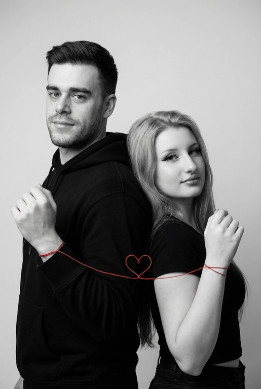 Фотореалистичный чёрно-белый студийный портрет пары, стоящей спина к спине, слегка повернувшись к камере. Оба в минималистичных чёрных образах (худи и футболка), с мягкими уверенными выражениями лица, естественный внешний вид. Тонкая красная нить, связанная вокруг их запястий, соединяет их и образует маленькое сердце между ними. Чистый светло-серый студийный фон, мягкое рассеянное освещение, высокая детализация текстуры кожи, резкий фокус, кинематографичная композиция, вертикальный формат 9:16, минималистичная эстетика, высокое разрешение, профессиональная фотография.