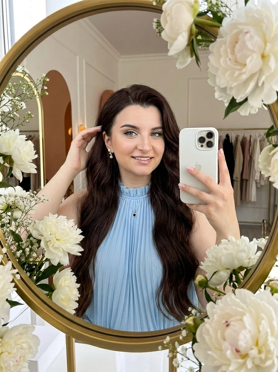 Максимально реалистичное селфи в зеркале в эстетике luxury soft glam. Модель стоит перед круглым зеркалом с изящной рамой, украшенной белыми живыми пионами. Цветы обрамляют зеркало нежно и дорого, создавая ощущение утончённого, премиального кадра. Композиция чистая и визуально собранная: модель находится в центре отражения, кадр выглядит эстетично, дорого и современно.

Поза естественная и уверенная: одной рукой модель держит современный смартфон, второй рукой слегка касается волос, создавая живой и непринуждённый жест. Селфи выглядит не постановочным, а как красивый спонтанный кадр из дорогой life-style съёмки.

Макияж — выразительный soft glam: чёткие чёрные стрелки, длинные пышные ресницы с лисьим эффектом, внутренние уголки глаз подсвечены сияющими тенями. Кожа ровная, ухоженная, с мягким влажным сиянием. Губы подчёркнуты карандашом и покрыты полупрозрачным глянцевым блеском, создающим аккуратный объём.

На модели ее образ выглядит женственно, современно и дорого. 

Смартфон современный, в минималистичном белом матовом чехле. Если нужен более дорогой вайб, без лишнего декора и ярких деталей.

Освещение холодное, мягкое и чистое, как в дорогой beauty-съёмке или premium dressing room. Свет красиво подчеркивает сияние кожи, текстуру ткани, свежесть пионов и блеск украшения. Атмосфера — роскошная, женственная, ухоженная, без дешёвого глянца.

Фотореализм максимальный: высокая детализация кожи, ткани, цветов, аксессуаров и отражения в зеркале. Лёгкий цифровой шум, мягкая резкость, деликатная зернистость, естественная глубина кадра, высокая контрастность, эффект живого фото, без CGI и без искусственного AI-эффекта.

Какая будет прическ?: крупные голливудские волны, мягкий блеск волос, аккуратная укладка на одну сторону.

Какой будет образ на фото? : Светло-голубая блузка без рукавов с открытыми плечами!  с высоким воротником, воротник-стойка, плиссированная шифоновая ткань, собранная у выреза, элегантный драпированный силуэт, нежный пастельно-голубой цвет, шелковистая текстура, высокое качество, минималистичный стиль.