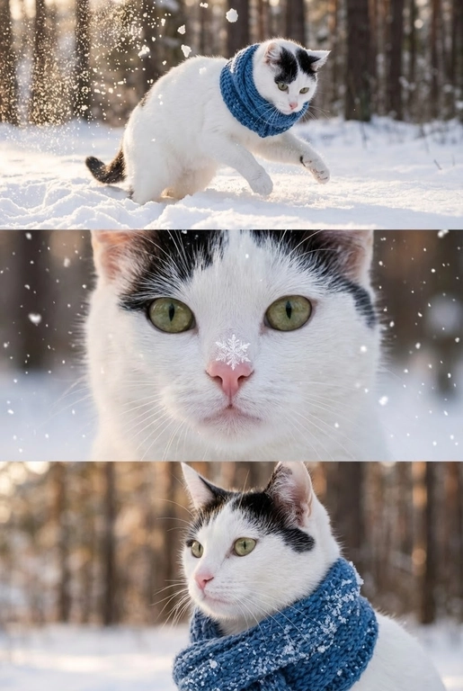     Коллаж из 3-Х фото моего питомца на зимнем фоне в снегу. Питомец в вязаном шарфе, вокруг падает снег, на заднем плане заснеженный лес.

Первый кадр — питомец в полный рост. Он играется со снегом 

Второй кадр — крупный план, увеличенный кадр мордочки питомца с одной снежинкой на носике. Мордочка питомца занимает весь кадр, взгляд прямо в камеру 
 
Третий кадр - портрет питомца, он смотрит в левую сторону. На фото виден шарф, на шарфу есть снежинки 

Три кадра объединены в вертикальный коллаж в едином тоне и свете. Атмосфера — реалистичная, теплая и немного кинематографичная.
Свет мягкий, утренний.  Цвет шарфа - синий 