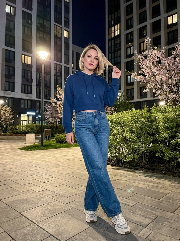 Не меняя внешность. Фото снято ночью на iPhone. Женщина в городском дворе, мягкий тёплый свет фонаря, вокруг зелень, цветущие деревья и современный жилой комплекс.
Она стоит расслабленно, слегка развернувшись в сторону, ноги перекрещены. Одна рука играет с прядью волос. Взгляд — кокетливый, уверенный.
Образ современный и молодёжный: укороченная худи, широкие джинсы с высокой посадкой и массивные кроссовки. Минималистичные украшения — тонкие серьги-кольца.
Макияж аккуратный: ровный сияющий тон, графичные брови, длинные ресницы с «лисий» эффектом, розово-ягодные губы с блеском, лёгкий хайлайтер на скулах. Ногти — молочный миндаль.
Съёмка со вспышкой: лёгкое зерно, мягкая резкость, высокая детализация кожи и ткани, эффект живого кадра.

Цвет худи: Цвет худи синий