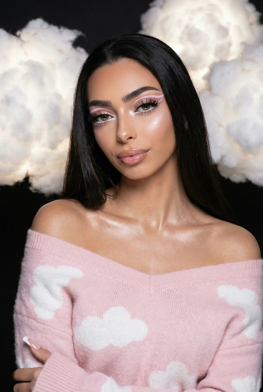 Крупный план лица девушки в стиле «высокой моды». Элегантный макияж глаза с длинными острыми нежно розовые двойные изогнутые стрелки, длинные густые ресницы эффект лучики, нижние густо ресницы накрашены белым и белый каял карандаш на нижнем веке белый Хайлайтер во внутренних уголках и скулах. Губы слегка приоткрыты в легкой ухмылке в легком блеске. Голова наклонена в сторону. На ней пушистый дорогой кашемировый нежно розовый свитер с белыми облаками плечи открыты.
За ней свисают объемные пушистые облака из ваты подсвеченные белым изнутри. Тело и декольте подсвечены хайлайтером и шиммером. Высокая детализация текстур кожи, одежды и волос. Черты лица-полностью сохранены как на референсном фото.
Ногти френч квадрат длинные.
На фоне светлая большая бьюти студия, вокруг темно, ее лицо освещено яркой лампой. Не менять свою прическу