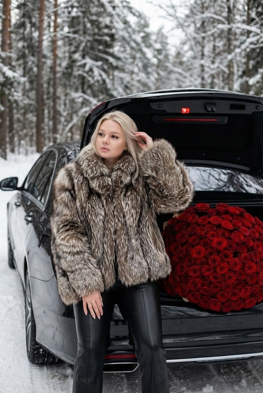   фотореализм 8K, внешность человека строго 1:1 с референса — лицо, волосы, глаза, кожа — без изменений

Фотография в стиле глянцевого журнала. На юле улице зима, вокруг заснеженный лес. Атмосфера роскоши и достатка. Цветовая гамма приглушенная, преобладают серые, белые, коричневые и красные оттенки.

Женщина стоит возле открытого багажника черного автомобиля премиум-класса. В багажнике лежит огромный букет алых роз. Она одета в роскошную шубу с длинным ворсом, отблескивающим на свету, и облегающие черные кожаные брюки. Она опирается бедром о край багажника, одна рука слегка приподнята и касается волос, другая - свободно опущена вдоль тела. Взгляд направлен в сторону от камеры. Поза непринужденная и расслабленная.