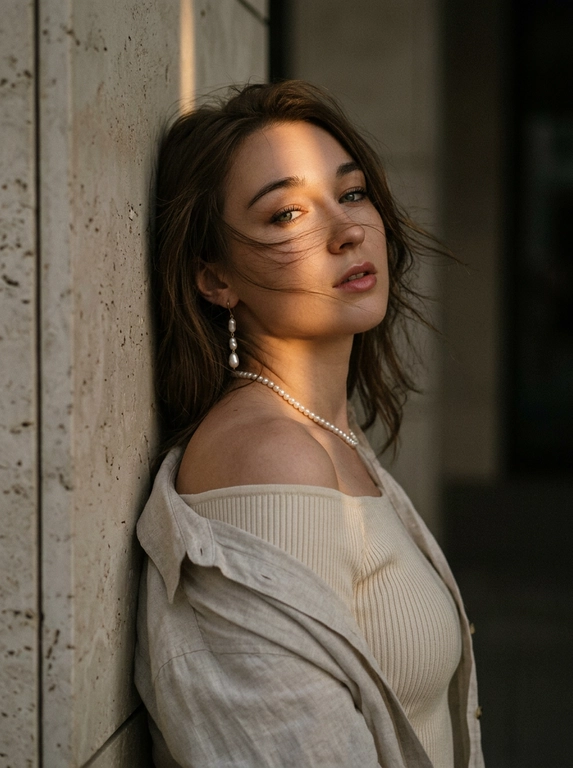 Luxury editorial portrait, кадр по плечи. Женщина стоит вплотную к светлой каменной стене.
Стена находится строго за её спиной и слева в кадре. К стене прижаты верхняя часть спины и левое плечо. Женщина стоит к камере боком, корпус развернут вправо в 3/4, грудь направлена от стены в сторону камеры. Голова резко повернута назад к камере и слегка наклонена вниз. Взгляд в камеру, губы слегка приоткрыты, выражение спокойное, уверенное. На ней молочный плотный топ в рубчик с открытыми плечами, сверху светлая льняная рубашка спущена с плеч. жемчужная нить на шее, длинная серьга с жемчугом. Волосы: несколько прядей слегка раздувает вечерний ветер, перекрывают лицо.
Тёмный закатный golden hour: узкая вертикальная полоса тёплого света освещает один глаз, часть лба, нос, шею и плечо, остальное в тени. Тёмный архитектурный фон мягкий.