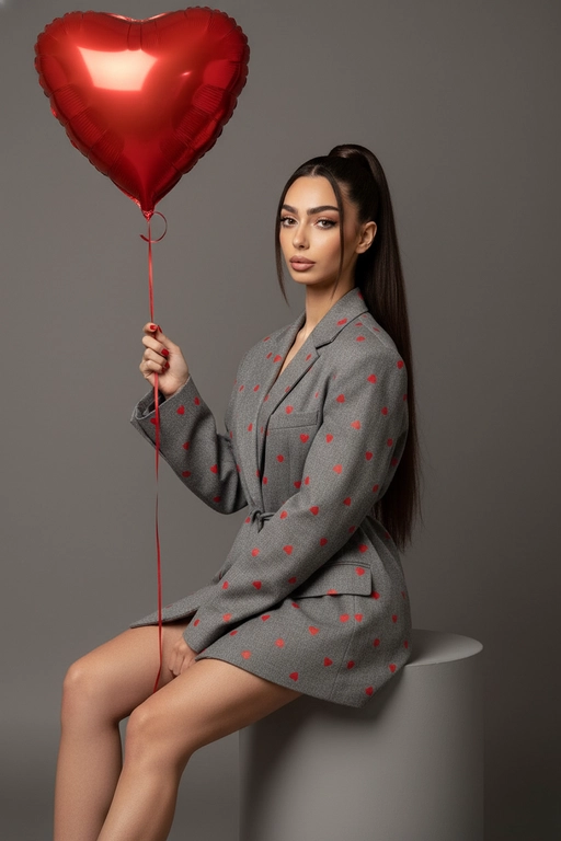 Ультрареалистичное 8K изображение женщины в сером oversize пиджаке в мелкое красное сердечко, сидящей на круглом пьедестале. Она сидит, поджав одну ногу. Пиджак драпируется по ее телу, Фон нейтральный серый, создающий контраст с ее ярким обликом. Стиль: мода с акцентом на силу и женственность. В руке она держит фольгированный красный большой гелевый шар в видео сердца на красной ленте за которую она держит. Освещение студийное, подчеркивающее ее лицо и силуэт, создавая тени, которые акцентируют внимание на линии тела и текстуре пиджака. Фото по пояс. Кожа сияет, губы розовые матовые, ногти красные короткие.
Стиль vogue. Волосы собраны в высокий длинный хвост, спереди две прядки