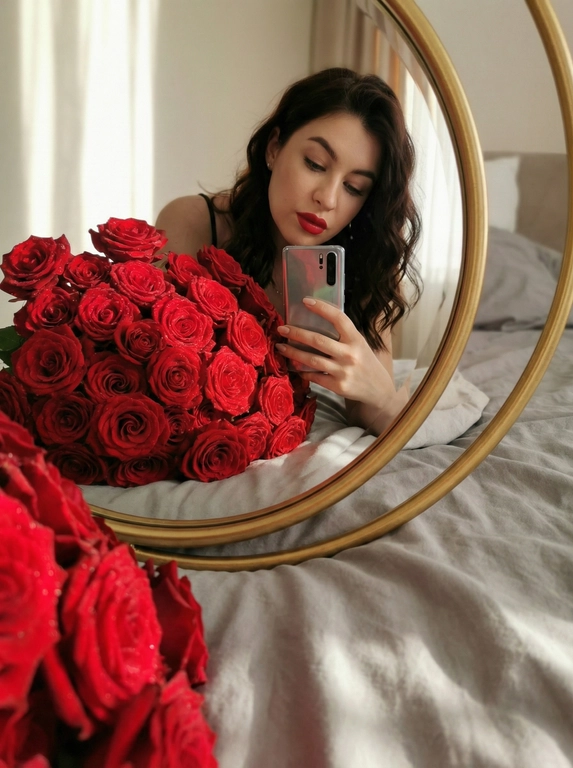   Создай портрет, не меняя черты лица. Фотография в стиле селфи в зеркале, отражающая молодую женщину с волнистыми  волосами как на фото и безупречным макияжем с красными губами. На переднем плане — огромный, роскошный букет ярко-красных роз, которые занимают значительную часть кадра, Женщина держит современный huawei p30 pro . Зеркало компактное круглой формы в золотой оправе лежит на белой кровати, женщина склоняется над ним, ракурс снизу. 
Атмосфера и детали:
Фон — мягкое серое постельное белье с естественными складками, создающее уютную домашнюю обстановку. Освещение мягкое, приглушенное, с акцентом на насыщенный красный цвет роз. Композиция кадра динамичная: зеркало расположено под углом, создавая интересную перспективу и глубину.
Технические параметры:
Высокая детализация, реализм, текстура лепестков роз и ткани, глубина резкости (bokeh) на заднем плане, эстетика Pinterest, 8k, кинематографичное качество.