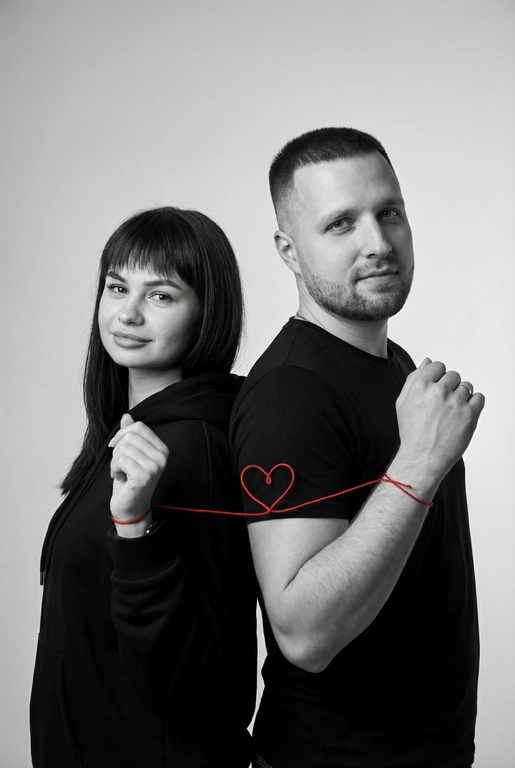 Фотореалистичный чёрно-белый студийный портрет пары, стоящей спина к спине, слегка повернувшись к камере. Оба в минималистичных чёрных образах (худи и футболка), с мягкими уверенными выражениями лица, естественный внешний вид. Тонкая красная нить, связанная вокруг их запястий, соединяет их и образует маленькое сердце между ними. Чистый светло-серый студийный фон, мягкое рассеянное освещение, высокая детализация текстуры кожи, резкий фокус, кинематографичная композиция, вертикальный формат 9:16, минималистичная эстетика, высокое разрешение, профессиональная фотография.