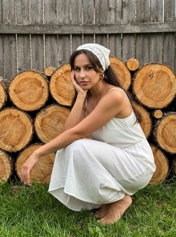 Портрет девушки в белом платье у поленницы