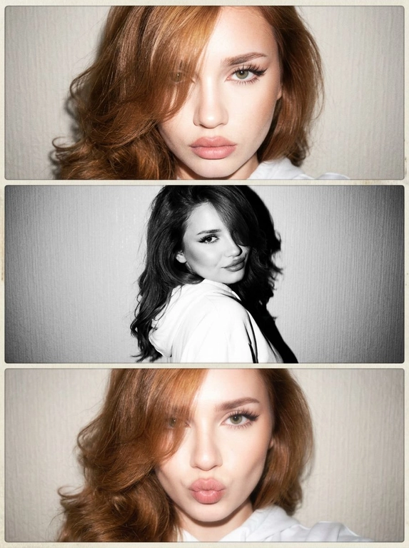 Не меняя черты лица как на фото, вертикальный коллаж из трех фото в стиле Y2K, персонаж позирует на нейтральном светлом фоне, жесткое прямое освещение от вспышки, создающее резкие тени на стене позади и эффект пересвета, лисий макияж, выраженные ресницы с вытянутым уголком, на первом и третьем кадре нет черно-белой обработки, второй кадр — черно-белый, на первой фотографии она очень близко к камере и смотрит прямо в объектив, на втором кадре корпус развернут, голова кокетливо повернута к объективу, на третьей фотографии она снова очень близко к камере, смотрит в объектив, дует губы бантиком и смотрит вперед, сочетание цветных снимков с мягким фокусом и черно-белого кадра с высокой контрастностью, крупный и средний план, минималистичная композиция, винтажная цифровая текстура, легкая размытость, гламурная атмосфера.




Какая будет прическа?: Женщина с красивой, объемной укладкой, укладка выглядит так, будто сделана на брашинг; укладка немного прикрывает лицо, но не сильно; укладка уложена на бок и частично закрывает левый глаз.