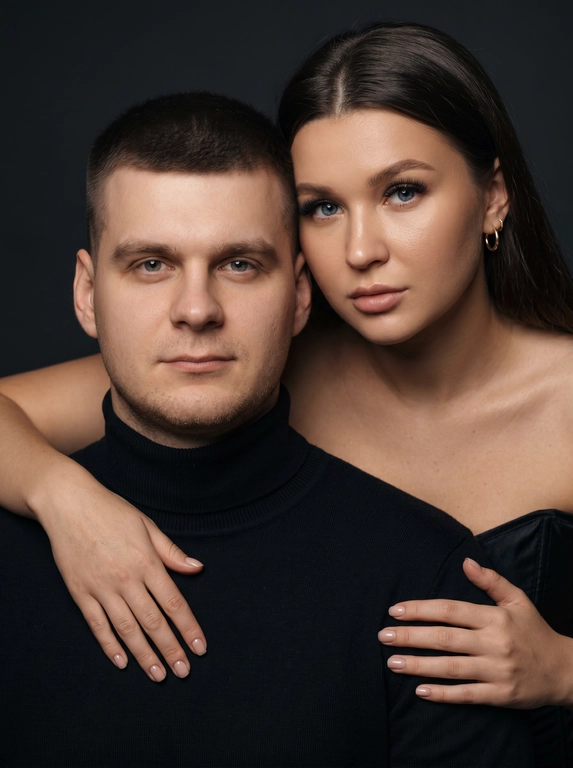 Гиперреалистичный студийный fashion-портрет молодой пары по загруженному референсу, 100% сходство лиц. Черты лица не изменять. Крупный план, кадр по плечи. Мужчина, спокойный уверенный взгляд прямо в камеру, естественное выражение лица, одет в черный трикотажный свитер с высоким воротом. Женщина стоит позади мужчины и нежно обнимает его, ее руки лежат на его плечах. Ее лицо расположено рядом с его лицом, она повернута слегка боком, голова немного наклонена вперед, взгляд направлен прямо в камеру. У женщины выразительные глаза с длинными густыми черными ресницами, естественный clean-glam макияж, натуральные брови, теплый оливковый оттенок кожи, небольшие серьги-кольца. Композиция плотная и интимная, их лица расположены очень близко друг к другу, современный модный портрет пары. Женщина одета в черный корсет. Кожа максимально натуральная: живая текстура кожи, видимые микропоры, subtle skin glow, естественный мягкий блеск кожи, natural skin microtexture, skin translucency, micro skin details, легкие естественные несовершенства кожи, без ретуши и без эффекта пластика. Освещение: мягкий студийный beauty lighting, рассеянный ключевой свет спереди и немного сбоку, мягкие глубокие тени для объема лица, деликатные световые блики на коже. Фон: глубокий темный студийный фон, темно-графитовый или почти черный, создающий контраст с кожей и лицами. Стиль: luxury fashion editorial photography, high fashion portrait, ultra photorealistic, 85mm portrait lens, shallow depth of field, creamy bokeh, cinematic soft lighting, RAW photo, extremely detailed, fine hair strands, natural skin pores, professional photography, photorealism, 8k, high dynamic range.
