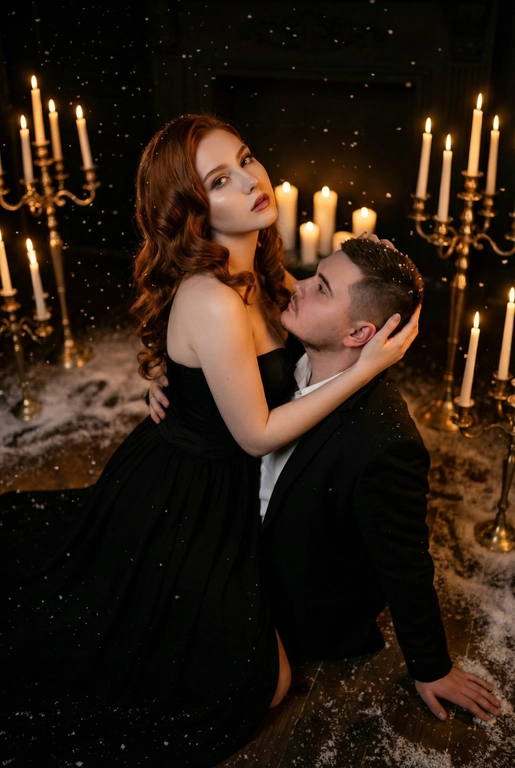 Ракурс камеры чуть сверху и сбоку. Романтическая и драматичная сцена в тёмном помещении. На полу сидит пара — мужчина и женщина верхом на мужчине в тесном, интимном положении. Женщина повернута к камере, её лицо поднято вверх, взгляд в камеру, хорошо освещено мягким тёплым светом. Она смотрит прямо вперёд, немного приоткрыв губы, с выразительным, глубоким взглядом. Если у женщины на фото длинные волосы. то они уложены в роскошные голивудские волны. Если короткие, то волосы просто красиво лежат.  На ней женщине длинное черное платье с лифом-бюстье без бретелей, подчеркивающее силуэт, создающими драматический силуэт.

Мужчина сидит у её груди, склонив голову к ее ключице и смотрит в ее лицо снизу вверх, словно обнимая её, одной рукой. Другой рукой упирается в пол позади себя. Он в чёрном классическом костюме и белой сорочке. Женщина одной рукой держит его за затылок, пальцы мягко погружены в волосы, создавая ощущение близости и страсти.

Вокруг пары падают искусственные снежинки — мелкие белые хлопья, подсвеченные тёплым светом свечей, что создаёт атмосферу зимней магии и романтики. На полу вокруг них разбросан «снег», добавляя глубины сцене.

Позади пары стоят золотистые и латунные канделябры с горящими свечами — тонкие высокие свечи создают мягкое золотое сияние. Из-за низкого освещения фон почти исчезает, оставляя только теплые огоньки и силуэты свечей. Освещение — контрастное: тёплый свет от свечей и мягкая направленная подсветка на лица. Очень темное фото.

Пол — тёмный, возможно деревянный, слегка блестящий от света. Атмосфера кадра — готическая, чувственная, тёплая, драматическая и немного мистическая.