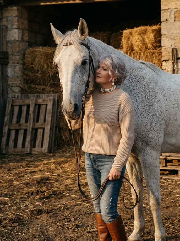 Фотореалистичная lifestyle fashion-фотография женщины на загородной конюшне рядом с крупной бело-серой лошадью. Женщина стоит практически вплотную к лошади, слегка прислонившись к ней,  держит повод.

Лошадь занимает значительную часть кадра, её голова расположена рядом с лицом женщины. На заднем плане сухая земля, деревянные паллеты, стога сена и тёплая природная фактура.

Тёплое низкое вечернее солнце, золотистый свет, глубокие естественные тени, cinematic countryside fashion photography, богатая текстура шерсти лошади, ткани одежды и соломы. Камера на уровне груди, объектив 35–50 mm, вертикальный кадр, высокая реалистичность, без текста, логотипов и водяных знаков.