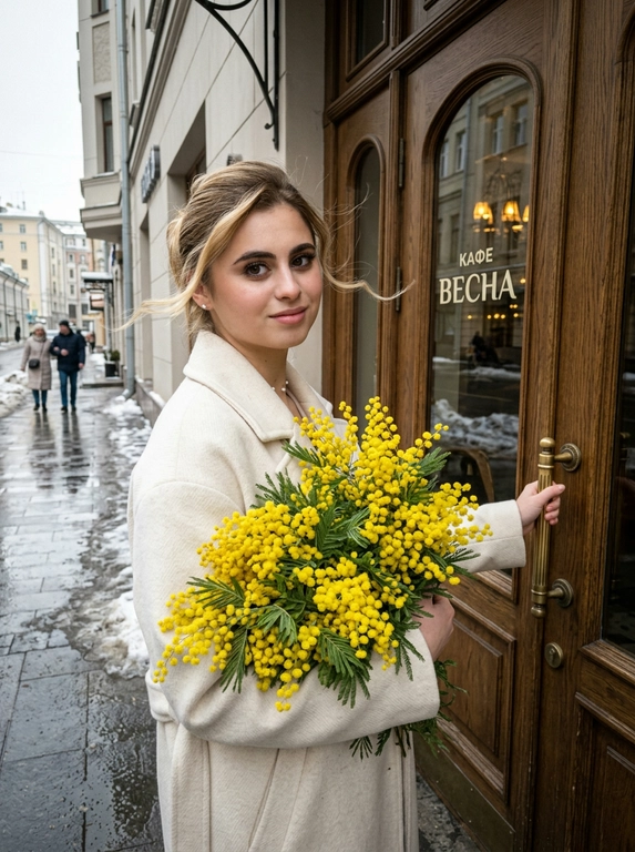 Сохранить черты лица и внешность, возраст, натуральный тон без ретуши. Средне-крупный план (от талии вверх), камера слева от женщины, лицо занимает не менее 35% кадра. Женщина стоит у входа в городское кафе с деревянной дверью и стеклянными вставками, корпус слегка развернут в 3/4 к камере. Лицом к двери, одной рукой держит ручку закрытой двери, другой прижимает к груди огромный пышный букет ярко-жёлтой мимозы. На ней элегантное светлое пальто (молочный оттенок), свободный крой. Волосы как на исходном фото слегка взъерошены ветром Мягкое выражение лица, лёгкая улыбка, взгляд в камеру. Атмосфера начала весны: тающий снег по краям улицы, влажный асфальт, мягкий рассеянный дневной свет, лёгкая прохлада в воздухе. Цветовая палитра нейтральная с ярким акцентом жёлтой мимозы. Фотореализм, натуральная текстура ткани и цветов, без HDR, без пластика, мягкий контраст, 35mm look.
