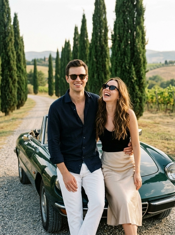 A medium shot portrait in 3:4 aspect, captures a moment of easy sophistication in the Tuscan countryside. A man in a dark unbuttoned navy shirt and white trousers leans on a dark green vintage roadster, smiling. A woman in a black top and champagne-colored satin skirt stands next to him,laughing. Their poses and expressions are natural, with the man's arm around the woman and her head tilted slightly back. They both wear sunglasses. The couple is on a gravel road lined with cypress trees, under a warm, late afternoon sky. The overall feel is one of effortless style and relaxed joy. Visible film grain and natural, soft light enhance the realistic aesthetic.