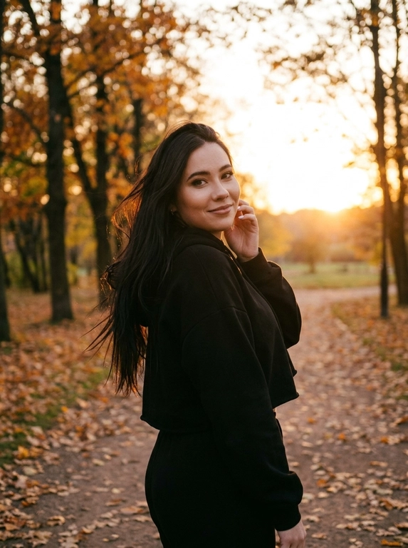 Фотореалистичная lifestyle-фотография женщины на улице в парке в осенний сезон. На заднем плане крепкие деревья, с которых уже начинает осыпаться листва. На горизонте мягкое яркое сияние рассвета или заката, создающее тёплую атмосферу и красивую естественную подсветку.

Стиль фотографии — модный уличный кадр с эффектом живой фотосессии, снятой на естественном свете. Основная палитра строится на тёплых оттенках закатного неба, осенней листвы и контрасте тёмной одежды. Атмосфера спокойная, лёгкая и немного мечтательная.

Женщина стоит в пол-оборота к камере, корпус слегка развёрнут в сторону, голова повернута назад через плечо. Она смотрит в камеру с лёгкой мягкой улыбкой. Одна рука слегка приподнята и находится рядом с лицом, поза выглядит естественной, расслабленной и непринуждённой, без ощущения постановки.

Волосы слегка развеваются от воздуха.

На женщине  Свободный чёрный укороченный худи с капюшоном, который мягко прикрывает часть шеи и плеч. Образ casual, простой, расслабленный и стильный, хорошо контрастирует с тёплым осенним светом.

Кадр снят немного дальше: женщина показана примерно до верхней части бёдер, чуть ниже линии ягодиц, чтобы лучше читались поза и силуэт. Композиция сохраняет акцент на лице, выражении и атмосфере, но даёт больше воздуха и пространства вокруг.

Освещение полностью естественное, мягкое и тёплое, с деликатным свечением от заката или рассвета. Фотография выглядит как дорогой, но живой кадр для Pinterest или социальных сетей: реалистичная текстура кожи и ткани, без глянцевой ретуши, без эффекта пластика, без ИИ-сглаживания.