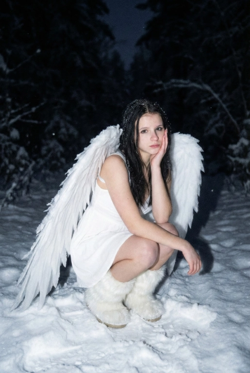  Создай фото человека на основе загруженной фотографии.
Белое платье без рукавов, пушистые белые сапоги, большие белые крылья, опущенные вниз, шире плеч.
Сидит на корточках на снегу, рукой касается щеки. На заднем плане заснеженный лес.
Ночная улица, тёмный размытый фон, вспышка.
Мягкое нечеткое фото: шум, зерно, лёгкое размытие, холодная атмосфера.