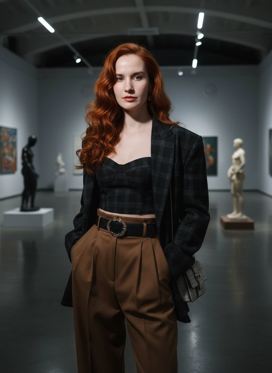 Не меняй черты лица. На портрете изображена женщина, излучающая атмосферу высокой моды в современном арт-галерее. Она одета в структурированный, объемный черный  пиджак в клетку, который накинут поверх соответствующего укороченного корсета. В комплект входят высокие коричневые брюки с плессировкой. Образ дополняет пояс с крупной стильной пряжкой и стильная маленькая сумка. Длинные волосы, уложанные в объёмные локоны. Драматическое освещение подчеркивает её выразительную позу и роскошные детали наряда. Фон представляет собой минималистичное архитектурное пространство, наполненное атмосферой sophistication и современного элегантного стиля.