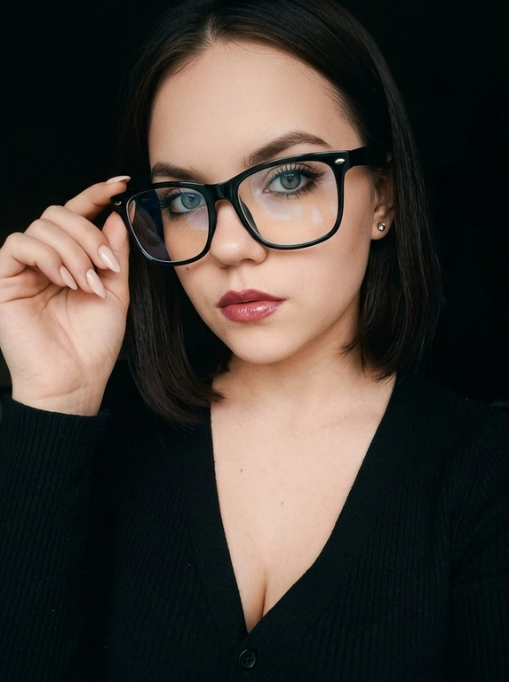 Максимально реалистичная фотография, темная винтажная эстетика в стиле dark glam glasses selfie, атмосферный ночной портрет.
Крупный портрет (Close-Up Portrait), кадр по грудь. Модель делает селфи, телефон не видно. Лицо занимает большую часть кадра, слегка повернуто вполоборота к камере. Голова немного наклонена. Взгляд направлен прямо в объектив, выражение спокойное, уверенное и притягательное. Губы слегка приоткрыты. Одна рука поднята к лицу и аккуратно касается оправы очков, словно поправляя их.
Макияж: Безупречный dark glam makeup. Ровный сияющий тон кожи, четко оформленные темные брови, длинные густые ресницы, тонкая стрелка, мягкий контуринг. Губы розово-винного оттенка с влажным глянцевым финишем.


Аксессуары: Крупные черные очки с прозрачными линзами и массивной квадратной оправой. На линзах заметны мягкие отражения света. Маленькие серьги-гвоздики. Длинный миндалевидный маникюр молочно-бежевого оттенка.

Одежда: Черный лонгслив с глубоким вырезом и небольшими пуговицами спереди. Темная ткань почти сливается с фоном, сохраняя видимую текстуру и силуэт.

Локация: Фон полностью черный.

Освещение: Мягкий приглушенный свет спереди и немного сбоку, словно от экрана телефона. Свет деликатно подсвечивает лицо, очки, губы, пальцы и ногти, оставляя волосы и одежду в глубоких тенях.

Камера: Реалистичное селфи высокого качества, RAW photo, натуральная перспектива смартфона, высокая детализация лица и аксессуаров.

Глубина резкости: Небольшая. Лицо, очки, губы и рука находятся в фокусе, фон растворяется в мягкой темноте.

Кожа: Реалистичная текстура кожи с видимыми порами, естественными переходами света и тени, без эффекта пластика и чрезмерной ретуши.

Детали: Блики на линзах очков, влажный блеск губ, отдельные волоски и пряди на лице, текстура ткани, отражения света на ногтях, легкое пленочное зерно.

Атмосфера: Загадочный ночной вайб, уверенность, женственность, винтажная эстетика, ощущение случайного красивого селфи в темноте.

Какая будет прическа?: Не менять мою прическу