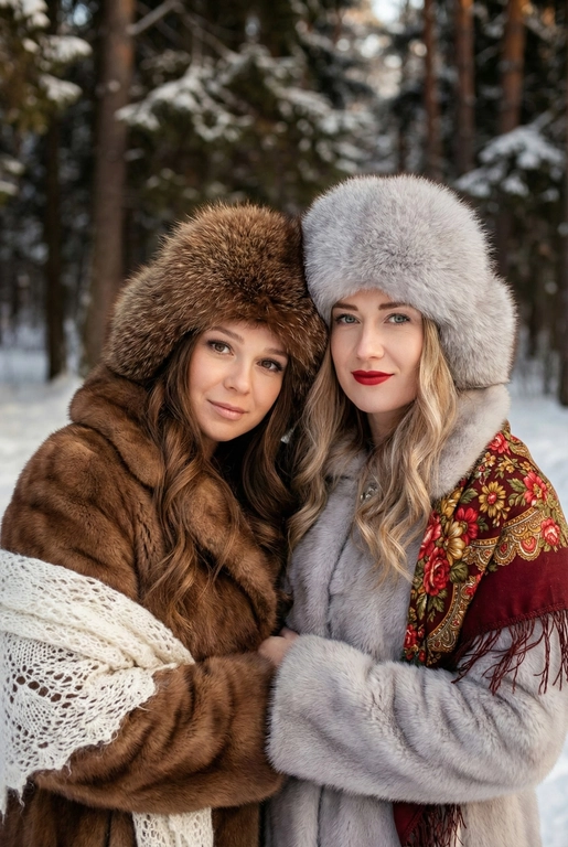 Создай кадр, который представляет собой теплый, уютный, слегка ностальгический зимний портрет в фэшн/фолк-стиле. Атмосфера спокойная, элегантная, дружеская близость двух моделей; сочетание высокой моды (мех, профессиональная ретушь) и фольклорной эстетики (вышитый шарф). Композиция и позирование: Форма кадра: портретный, вертикальный (соотношение примерно 3:4). Расположение: две женщины в центре кадра, тела и головы видны на груди; правая модель немного ближе к камере. Позы: девушки стоят близко друг к другу, левая модель слегка опирается на правую; плечи слегка повернуты к камере. Взаимодействие: мягкая улыбка, закрытое выражение лица, взгляд в камеру; дружелюбный, уверенный тон. Лица и макияж: Кожа: гладкая, естественная текстура, легкий эффект сияния. Глаза: аккуратные блики – оживляют взгляд; нейтральный/теплый макияж теней. Брови: естественная форма, слегка очерчены. Губы: у правой модели насыщенный матовый красный (центральный акцент), у левой – нежно-розовый нюдовый. Волосы: свободные пряди вокруг лица, несколько прядей с легкой волной для естественности. Шапки: большие пушистые меховые шапки с очень четко выраженной текстурой меха; справа – светло-серый мех, слева – коричневый мех. Форма: высокие, округлые, плотно сидят на голове, частично закрывают лоб – создают силуэт и рамку для лица. Верхняя одежда и текстуры: меховые пальто: густой натуральный мех у левой модели коричневый, у правой модели – светло-серый тон с видимым направлением волосков; богатая текстура и объем. У девушки справа на правом плече маленький платок с традиционным русским орнаментом – яркие цветы и листья, на фоне глубокого красного цвета с золотисто-терракотовыми, зелеными деталями; Тонкая бахрома ниспадает на ее плечо. У девушки слева на левом плече небольшой вязаный белый шарф с крупным ажурным узором, что добавляет контраста в текстуре и цвете. Окружение и фон: Лес: темные хвойные деревья, вертикальные силуэты стволов; снег на земле/вдали — размытый фон (боке).