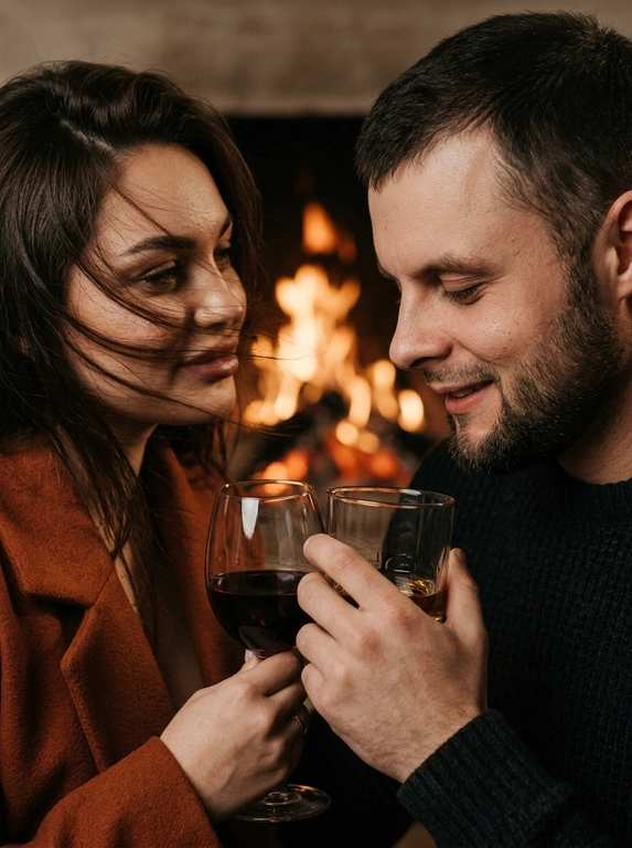 Don't change facial features. A dramatic close-up of a couple against a fireplace: the man on the right, in profile, with half-downcast eyes, looks at a glass in his hand with a slight smile; the woman on the left, holding a glass of wine, looks at her husband. The wind tousles the woman's hair, strands partially covering her face, adding dynamism. Stylish autumn clothes without accents. The woman with a slight smile. The atmosphere is intimate, cinematic, and emotional. Highly detailed skin, natural texture, soft shadows, and muted highlights. Film effect with pronounced grain, matte shadows, Kodak Portra 400 processing. Shot on 85mm in a trendy editorial style.