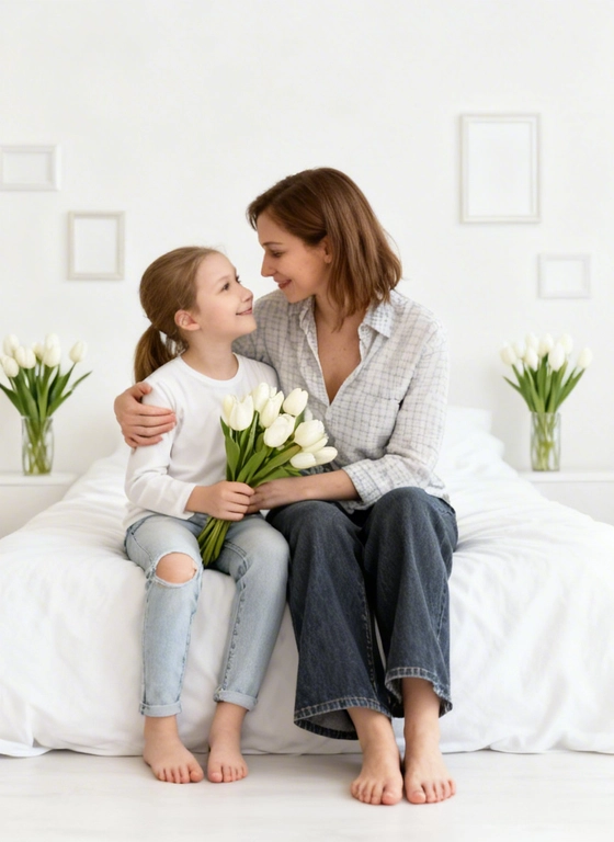 Не менять черты лица, максимально сохранить черты лица. Это уютная фотография, скорее всего, кадр из домашней фотосессии. Действие происходит в светлой комнате с минималистичным дизайном. На заднем плане видны белые стены, украшенные рамками. В комнате много белых тюльпанов в вазах. Основной цвет в кадре – белый, дополненный пастельными и серыми оттенками. 

Женщина сидит на белой кровати, обнимая девочку. Обе одеты в повседневную одежду. На женщине светлая рубашка в клетку, слегка расстегнутая сверху, и широкие джинсы из темного денима. Девочка одета в белую рубашку с длинным рукавом и светлые джинсы с дыркой на колене. Девочка 10 лет держит в руках букет белых тюльпанов. Женщина 35 лет нежно касается лица девочки. Они смотрят друг на друга с любовью и нежностью. Обе босиком. Атмосфера в кадре теплая и трогательная, передающая близость и любовь.