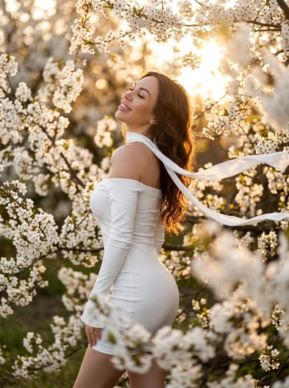 A woman standing among dense white blooming branches.
Side profile, body turned away, head tilted back upward toward the light, eyes closed.
Framing from mid-thigh to head.
Camera slightly below eye level, 85mm look.
Clothing:
Long white fitted dress with long tight sleeves and off-shoulder design (bare shoulders).
Accessory (CRITICAL):
A thin white ribbon scarf around her neck, very light fabric.
The ribbon flows in the wind and extends across the frame.
Flowers (CRITICAL):
Dense white blossoms surrounding the subject exactly like the reference.
Foreground flowers heavily blurred, partially covering bottom and right side.
Background filled with soft white blossoms and warm bokeh.
Lighting:
Golden hour sunlight from top right, strong warm backlight, glowing rim light on hair and shoulders, sun visible through branches.
Shallow depth of field, subject sharp, foreground/background soft.
Warm cinematic tones, soft highlights, photorealistic, high detail.