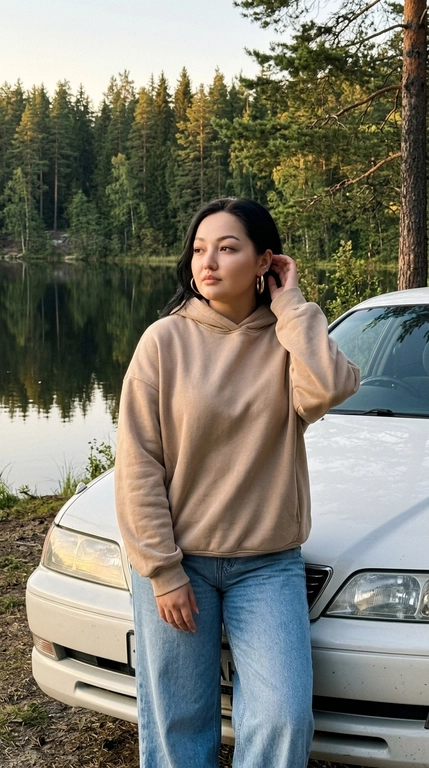 Ультрареалистичная lifestyle-фотография модели на природе, снятая на iPhone 16 Pro Max. Вертикальный кадр, Модель показана примерно до верхней части бёдер. Модель стоит возле автомобиля на берегу спокойного озера среди высокого хвойного леса, передняя часть автомобиля развёрнута к камере и хорошо читается в кадре. Корпус модели слегка развёрнут в сторону, одна рука поднята к затылку или возле уха, вторая свободно опущена. Голова немного повернута в сторону, взгляд направлен мимо камеры, выражение лица спокойное, уверенное и расслабленное.

На модели  Худи с капюшоном и джинсы. Свободный, оверсайз худи с капюшоном, низ - свободный wide джинсы светло-синего цвета. Образ выглядит спокойно, дорого и естественно..

Если модель женского пола, то у нее в ушах крупные серьги-кольца.
Если модель женского пола, то у ее макияж clean soft glam: естественно сияющая кожа с реалистичной текстурой, мягко подчёркнутые глаза, длинные ресницы, нюдовые губы с лёгким глянцевым блеском. 

Без пластиковой кожи и без чрезмерного сглаживания.

Позади модели видны озеро, отражения воды, высокий хвойный лес и припаркованный автомобиль бренда/марки Белая Toyota Mark II.

Освещение — поздний вечерний golden hour. Свет мягкий, приглушённый и направленный, солнце низкое, частично скрыто деревьями. На лице и одежде мягкие тёплые блики, но без яркого свечения. Тени глубже, свет не воздушный и не пересвеченный.

Цветокоррекция тёмная, приглушённая и естественная, ближе к реальному iPhone-кадру в вечернем лесу: немного пониженная экспозиция, спокойные тёмно-зелёные и коричнево-оливковые оттенки леса, глубокий чёрный цвет автомобиля с глянцевыми отражениями, мягкие молочно-бежевые тона одежды, тёплые, но сдержанные солнечные блики. Общий контраст мягкий, но глубокий, без яркой насыщенности, без светлого airy-эффекта, без оранжевого перегрева.

Живой случайный кадр, luxury candid aesthetic, лёгкая естественная зернистость, реалистичная текстура кожи, ткани, воды и автомобиля, без глянцевой ретуши и без AI-эффекта.