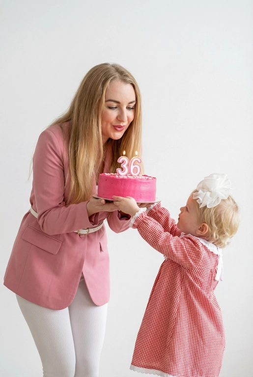 Фотореалистичный портрет в минималистичном стиле: на белом чистом фоне стоят взрослый человек и маленький ребёнок. Ребёнок держит торт и протягивает его взрослому человеку, чтобы он задул свечи с цифрой «». Фото выполнено с лёгкой зернистостью.
Атмосфера уюта, тишины и нежности. Высокая резкость, естественные пропорции, реалистичная фотография, художественный стиль.

Цифра на торте 36. Торт ярко-розовый. Женщина одета в розовый пиджак скрывающий бёдра, поверх пиджака одет тонкий ремень белого цвета. Лосины белые в рубчик. Платье у маленькой девочки не меняется, остаётся такое же как на фото.