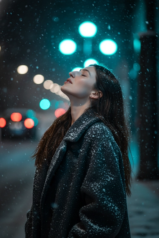 Сверхдетализированное, кинематографичное фото в разрешении 4K, стиль: эмоциональный реализм, темная зимняя эстетика. Крупный план (по пояс). Персонаж стоит на улице ночью во время снегопада. Голова запрокинута назад, лицо обращено к небу, глаза закрыты в выражении спокойствия и наслаждения моментом, словно вдыхая холодный морозный воздух. Волосы выглядят живыми, блестящими и очень детализированными. Персонаж одет в объемное темно-серое (антрацитовое) пальто из грубой шерсти. Текстура ткани мягкая, ворсистая, на ней видны осевшие белые снежинки. Идет густой снег, в воздухе множество снежинок разного размера — некоторые четкие, некоторые размыты в движении. Фон сильно размыт (малая глубина резкости), это ночной город. Ключевой свет: прямо за головой и чуть выше светятся крупные круглые огни холодного бирюзового (cyan/teal) цвета, создающие красивое боке. Слева вдалеке видны красноватые размытые огни (например, стоп-сигналы). Общая цветовая гамма — холодная, контрастная: черный, серый, электрический синий. Снято на светосильный объектив (f/1.8), фокус на ресницах и губах, эффект ветра, высокая четкость, фотореализм, RAW color grading, мрачная атмосфера.