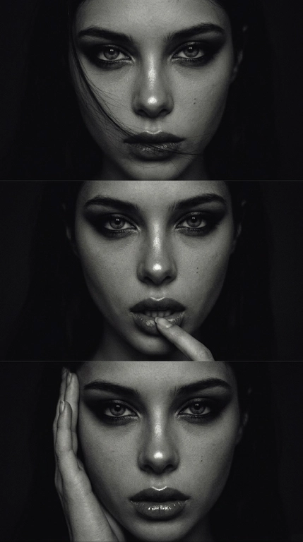 Ultra-realistic dark beauty triptych composed of three tightly cropped cinematic close-up portraits of the same woman, stacked vertically. Extremely intimate framing with the face filling almost the entire image.

TOP FRAME: intense direct gaze into the camera, head slightly lowered, loose strands of hair sweeping diagonally across the face and partially covering the lips and cheek.

MIDDLE FRAME: direct provocative gaze, lips slightly parted, one fingertip resting gently against the lower lip.

BOTTOM FRAME: one hand pressed softly against the side of the face and temple, direct gaze into the camera, glossy lips slightly parted.

MAKEUP: dramatic smoky black eye makeup, softly smudged eyeliner, dense dark lashes, sculpted brows, subtle contour. Wet glossy nude lips precisely outlined with brown lip pencil. CRITICAL: a small concentrated glossy HIGHLIGHT directly on the tip and bridge of the nose, catching the light as a bright reflective point. Subtle sheen on cheekbones and lips.

CRITICAL COLOR GRADING: extremely dark monochrome charcoal-black color grading exactly like an underexposed black-and-white analog photograph. Deep crushed blacks, smoky graphite-gray midtones, muted silvery highlights, almost no clean whites, very low exposure, strong shadow falloff, soft vignette around the edges. The skin must remain dark and moody rather than bright gray.

Very dim frontal light barely illuminates the eyes, nose, lips and cheekbones while the hair and background disappear into near-black shadows. Heavy fine film grain, analog noise, slight softness, subtle blur, imperfect low-light texture, mysterious late-night editorial photography, raw 1990s film mood, no clean digital sharpness, no bright studio lighting.