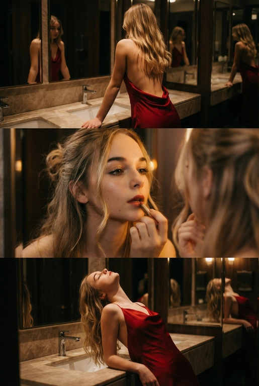 Создай не меняя черты лица. Экстремально реалистичный кинематографичный триптих, как живая серия фотографий из Instagram, снятая в зеркальном туалете дорогого ресторана. Вечер, интимная атмосфера, отражения в зеркалах, приглушённый свет, ощущение роскоши и ускользающего момента. Весь триптих объединён одним образом и единым настроением, с лёгким зерном, как будто кадры сняты в движении, естественно. В верхней части женщина стоит спиной облокотившись на раковину рукой, лицо в тени спина освещена, в отражениях зеркал видна её фигура, на ней одно и то же красное платье с открытой спиной, ткань струится и выглядит дорого, чувственно. Свет мягко скользит по плечам и линии спины, создавая глубокие тени и драматичный силуэт. В средней части экстремально близкий ракурс лица через зеркало, женщина смотрит на своё отражение и поправляет помаду, жест живой и естественный. Лицо частично в фокусе, частично слегка размыто, ощущение движения и дыхания кадра. Пышные ресницы, выразительный взгляд, блики света в зеркале, локоны из пучка падают на лицо, добавляя интимности. В нижней части девушка запрокинула голову и облокотилась о раковину, глаза закрыты, поза расслабленная, уязвимая, словно она на секунду выпала из шумного вечера. Платье то же самое, красное, ткань ловит приглушённый свет, усиливая глубину цвета и теней. Во всех кадрах приглушённое освещение, cinematic lighting, мягкие тени, отражения зеркал, лёгкое зерно и небольшой motion blur без резкой чёткости и глянца. Цвета глубокие, насыщенные, но сдержанные. Общий стиль ультрареализм, кинематографическая эстетика, эффект настоящего Instagram-триптиха, ощущение пойманного момента, живо, чувственно и очень реалистично, как кадры из личного архива.
Не меняй черты лица. Очень длинные изящные волнистые волосы, несколько локонов свободно падают на лицо и шею. 