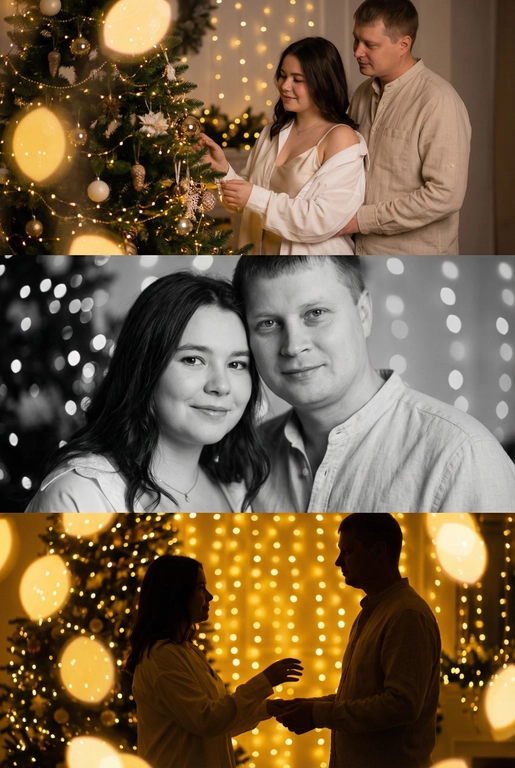 Создай новогодний кинематографичный коллаж, состоящий из трёх горизонтальных кадров друг под другом. Вечер, приглушенный свет, тёплый свет гирлянд, мягкое боке, уютная домашняя атмосфера. 

Кадр 1 (верхний): широкий план. Пара у украшенной новогодней ёлки.
Одежда: девушка в лёгкой белой рубашке, надетой свободно на шелковый топ на тонких бретельках, слегка сползающей с плеч; парень — в светлой рубашке бежево-молочного оттенка. Слабый свет гирлянд, мягкие тени, спокойный романтичный момент.

Кадр 2 (средний): крупный чёрно-белый портрет. Их лица близко, мягкое боке позади. Одежда: те же свободные рубашки, видны только верхние части — мягкая ткань, естественные складки, домашний уют. 

Кадр 3 (нижний): силуэтный кадр на фоне ярких огней. Пара тянется друг к другу. Одежда: светлые рубашки, расстёгнутые манжеты, мягко подсвеченные гирляндами. Золотой свет, много боке, тёплое новогоднее настроение.

Стиль: тёплый, нежный, интимный, романтичный, кинематографичный.