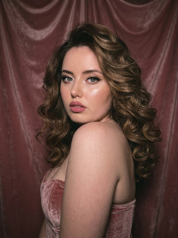 Создай фото согласно описанию, не меняй черты лица. На итоговом снимке частично видно лицо модели. Она смотрит в кадр, позирует как модель вполоборота, плечи выдвинула вперёд. На ней надет розовый бархатный корсет. На щеках, теле и в уголках глаз — хайлайтер. На глазах тонкие стрелки, длинные выразительные пышные ресницы создают эффект лисьего взгляда. Губы накрашены матовой помадой нежно-розового цвета в центре, подчёркивающей их. На заднем плане бархатная ткань пыльно-розового оттенка. Настроение мечтательное, с оттенком чувственности. Сильная плёночная зернистость, винтажная эстетика 90-х. Тени насыщенные и тёмные. Недостаток цифровой резкости. Освещение приглушённое. Ракурс прямой, экстремально крупный план лица. 

Какая будет прическа?: Волосы у неё уложены в объёмные распущенные волосы, уложенные в мягкие крупные волны.