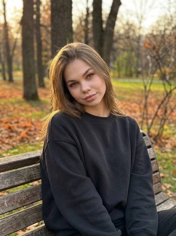 Photorealistic autumn Instagram-style portrait of a model sitting casually on a wooden park bench, medium close-up, direct eye contact, slight head tilt and soft subtle smile. Oversized matte-black sweatshirt.   . Autumn park with tall trees, bare branches, rust-orange leaves and green grass in the background. Warm soft late-afternoon natural light, smartphone 26–35mm look, gentle depth of field, realistic skin texture, subtle warm Instagram color grading.