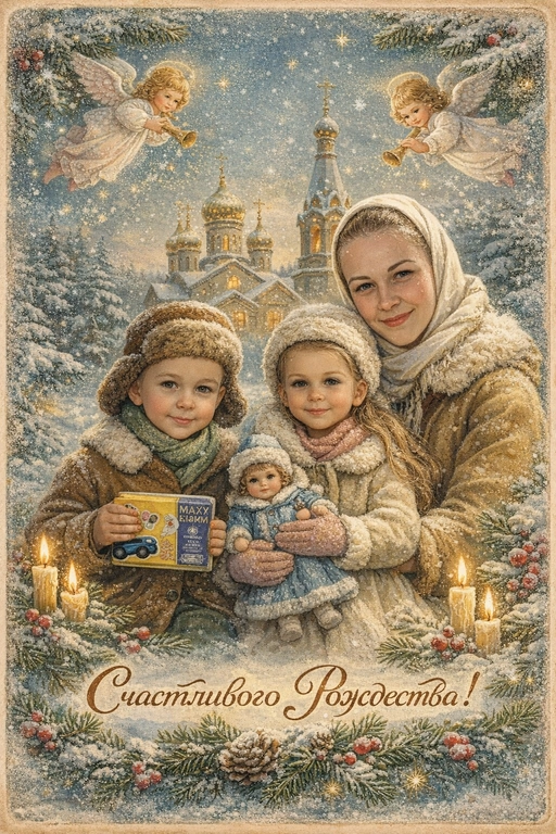 Создай винтажную рождественскую открытку со всеми людьми или одним человеком из предоставленных фотографий. Стиль - советские сказочные открытки 1950-1970-х годов, мягкая живописная иллюстрация, ощущение тепла и уюта. Композиция и формат: • Персонажи остаются в центре композиции • Фон - православная церковь, зимняя сказочная атмосфера Лица: • Лица сохранить максимально похожими на оригинальную фотографию (one-to-one likeness) • Без изменения черт лица, возраста и эмоций • Реалистичное сходство, аккуратная художественная стилизация без искажений. Одежда и образы: • Заменить современную одежду на старинную зимнюю советскую одежду. Если человек- женского пола , то добавь белый платок на голову. ⁠ Декор и детали:  • Хвойные ветки • ангелочки в сказочном стиле, церковные свечки • Лёгкий снег, морозные узоры Цвет и атмосфера: • Светлая, зимняя, мягкая цветовая палитра • Пастельные оттенки, эффект старой бумаги, легкое зерно • Сказочное, теплое новогоднее настроение  • Шрифт - изящный, рукописный, сказочный, в стиле советских открыток. Надпись: «Счастливого Рождества !»