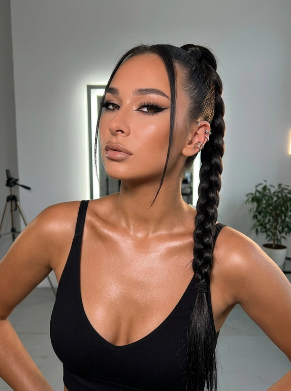 Создай фото женщины, акцент на плечах и ключицах; поза уверенная и немного провокационная, корпус слегка откинут назад, плечи расправлены, руки частично в стороне.
Поза
• приближенный портрет по грудь в вертикальном формате; грудная клетка и ключицы чётко видны, плечи расправлены, подбородок направлен немного вверх — ощущение уверенности и лёгкой броскости; корпус слегка повернут в три четверти.
Место съёмки (интерьер)
• Современная минималистичная студия или лофт: нейтральные светло-серые стены, вертикальная светящаяся LED-панель на заднем плане, размытый штатив и декоративный зелёный растение в углу; малое расстояние до фона, неглубокая глубина резкости.
Макияж
•Губы блестящие, увеличенные, с холодным оттенком бежевой помады, идеально законченным блеском, который притягивает внимание к выразительности мимики. Глаза выделяются густым, объемным искусственным макияжем: стрелки резко удлинены и подведены как сверху, так и снизу, ресницы объемные и длинные, создавая сильный визуальный эффект глубины и драматизма, а брови аккуратно оформлены, поддерживая гармонию лица.
Детализация кожи
• Тёплый  легкий загар тон кожи с сияющим, слегка маслянистым финишем; чётко видны блики на плечах, ключицах и декольте; гладкая текстура, мелкие поры минимальны, кожа выглядит ухоженной и подсвеченной, без видимых дефектов.
Одежда/аксессуары
• Чёрный облегающий топ с V‑образным вырезом, подчёркивающим декольте; на правом ухе несколько серебристых каффов и одна сережка в мочке, небольшие металлические детали гармонируют с фурнитурой ремней.
Освещение
• Профессиональное студийное освещение: мягкий фронтальный заполняющий свет делает кожу ровной и подчёркивает блики; контровая/задняя подсветка (вертикальная LED-панель) создаёт тонкий ореол и делит фон; дополнительный направленный свет справа/сзади даёт маленькие яркие пятна на волосах и плече, создавая объём.

Прическа:: блестящие волосы, собраны в высокий тугой хвост, заплетён в крупную плотную косу, опускающуюся по правому плечу до уровня пояса; аккуратно выполненная трёхпрядная коса, гладкая основа без пушащихся прядей, две тонкие свободные пряди у лица; кончик зафиксирован чёрной резинкой или лентой.