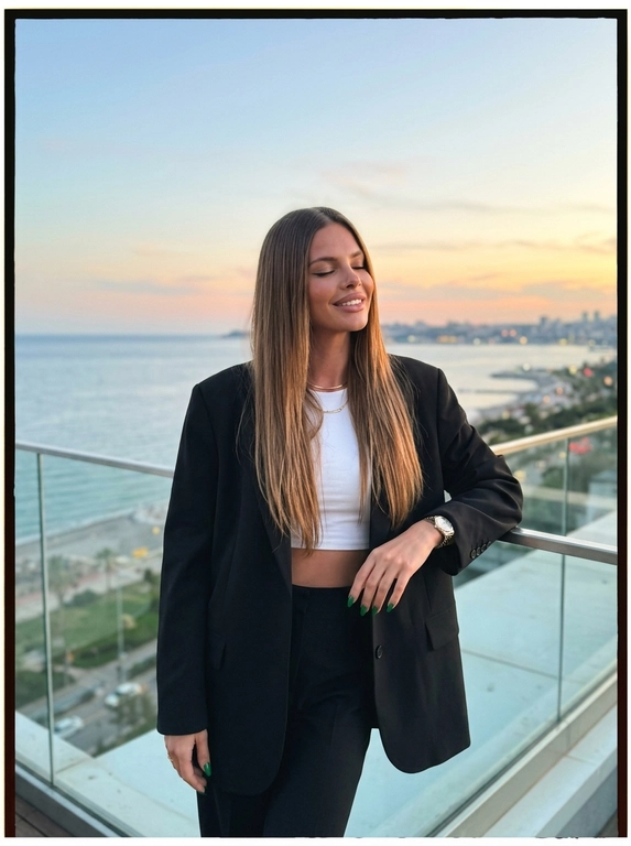 ultra realistic luxury sunset portrait of a woman standing on a balcony with ocean view,  candid instagram aesthetic, taken on iPhone 16 Pro Max. woman standing relaxed near glass railing, body slightly turned sideways, one arm resting on railing, eyes closed enjoying warm sunlight, elegant feminine posture.
outfit: oversized black blazer, fitted white crop top, elegant black trousers, luxury minimal jewelry and watch, classy old money aesthetic.
makeup: soft glam makeup with glowing bronzed skin, natural contour, sharp brows, long lashes, realistic skin texture and warm sunlight highlights.
lighting: warm golden hour sunlight, cinematic sunset glow, realistic natural shadows, soft highlights on hair and skin, luxury evening atmosphere.
background: ocean view, soft cloudy sunset sky, blurred city coastline and road below, cinematic depth, warm dreamy aesthetic.
camera: realistic iphone portrait shot, 50mm lens look, shallow depth of field, focus on woman with softly blurred background.
important: ultra realistic iphone photography, candid luxury influencer vibe, cinematic rich girl aesthetic, natural body proportions, realistic skin texture, film look, no overprocessed ai skin.

Какая будет прическа? : Не менять мою прическу
