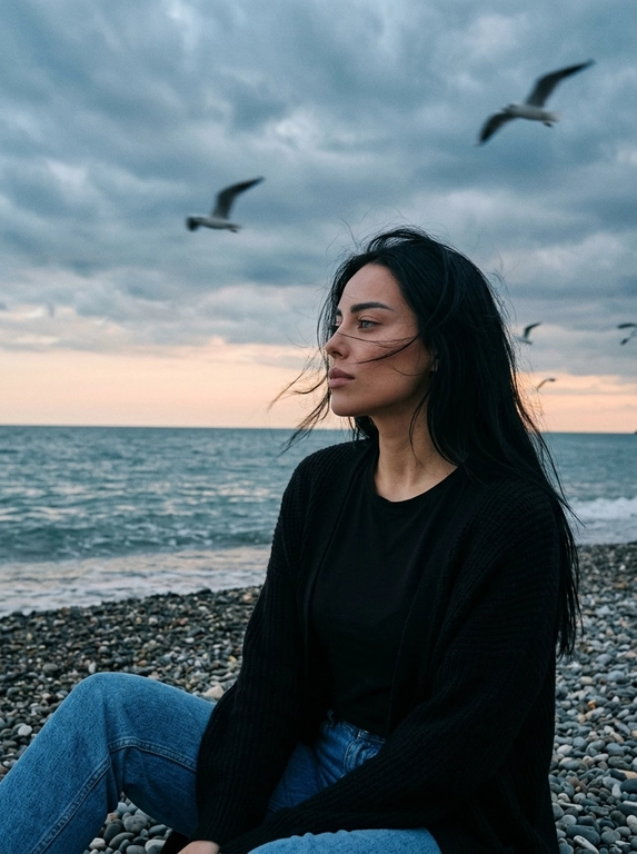 Сохранить внешность 1:1 - лицо, черты, пропорции, возраст, текстуру кожи; фото - единственный эталон. формат 3:4. Атмосферная морская сцена на закате: драматичное облачное небо, холодные голубо-серые оттенки с мягким персиковым у горизонта. Модель сидит боком на гальке у линии прибоя, корпус развернут к морю, взгляд в сторону моря. Ветер растрёпывает волосы, лицо частично перекрыто прядями (волосы развиваются ТОЛЬКО ЕСЛИ они длинные, прическа сохраняется с фото 1:1). в небе летают чайки, часть с лёгким motion blur. Одежда: чёрная базовая футболка, чёрный вязаный кардиган свободной посадки, свободные синие джинсы прямого кроя. Съёмка на винтажную плёночную камеру Kodak, объектив 35mm. Цвет в стиле Kodak Portra 400: матовые тени, мягкий контраст, натуральная цветопередача, лёгкая десатурация, выраженное плёночное зерно. Editorial-композиция, высокий фотореализм, 4K.