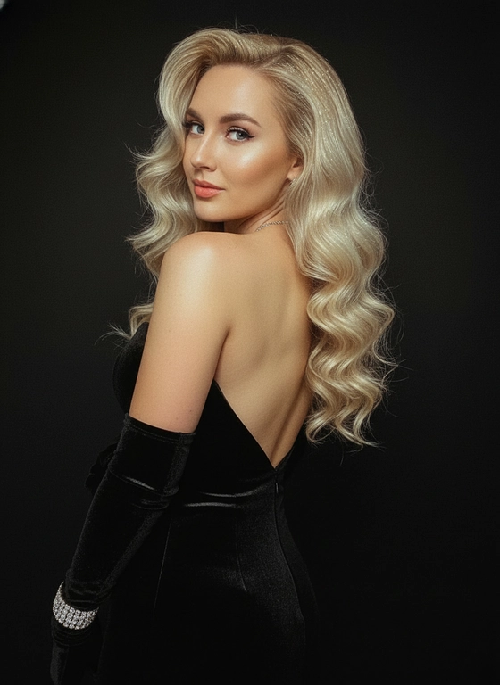 
Создай ультрареалистичный гламурный портрет девушки, максимально сохранив её внешность 1:1. Ракурс — со спины: она оборачивается через обнажённое плечо, открывая плавную линию спины. На ней чёрное бархатное платье без бретелей с глубоким V-вырезом на спине и длинные бархатные оперные перчатки. В кадре заметна блестящая деталь — браслет или кристальное украшение. Выражение уверенное, слегка загадочное, с едва заметной мягкой полуулыбкой.
Волосы уложены в объёмные голливудские волны: крупные блестящие локоны спадают по спине. На поверхности волос — лёгкое мерцание, будто припудрены тончайшим сияющим шиммером. Макияж вечерний: гладкая подсвеченная кожа, пышные ресницы, аккуратные брови, губы нежного кораллово-розового оттенка.
Свет драматичный, контрастный, с мягким контровым сиянием, подчёркивающим структуру локонов. Фон глубокий чёрный, деликатные тени создают кинематографичность. Глубина резкости малая, акцент на глазах и волосах. Стиль — роскошная бьюти-съёмка в духе суперзвёзд 90-х: высокое разрешение, лёгкое плёночное зерно, тёплый тон, бархатные тени и мягкое свечение хайлайта.