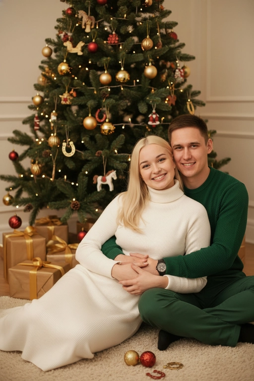 Используй предоставленные изображения и создай фото из домашней новогодней фотосессии. Не меняйте черты лица. . В кадре мужчина и женщина, они сидят на полу в обнимку, улыбаются и смотрят в камеру. Мужчина обнимает женщину сзади за талию. На женщине надето вязаное длинное платье с длинными рукавами. На мужчине вязаный свитера и штаны. На заднем плане стоит наряженная елка с игрушечными шарами, игрушечными лошадками, игрушечными подковами. Под елкой разложены подарочные коробки, перевязанные золотыми лентами. Рядом с парой лежат несколько елочных игрушек как на елке. Фотография выполнена в теплой цветовой гамме. Атмосфера уютная и праздничная. цвет платья девушки- белый, цвет свитера и штанов мужчины - зеленый