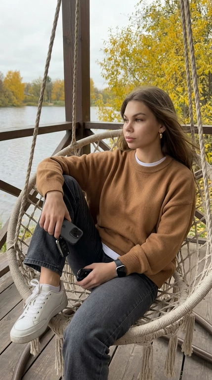 Девушка на плетёных подвесных качелях на веранде